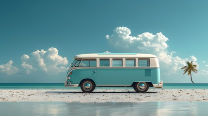 A blue and white van is parked on a beach.