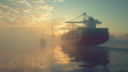 Obraz premium Logistics and Transportation Cargo Container Ship with Crane Bridge.