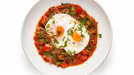 Plate of shakshuka featuring sautéed peppers, tomato sauce, ricotta cheese, and poached eggs, displayed on a white round plate against a white background, seen from above