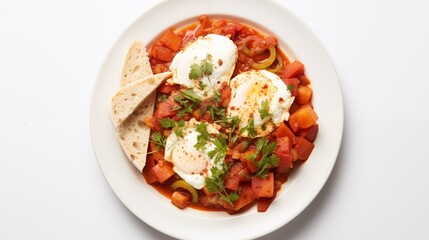 Sautéed peppers, tomato sauce, ricotta cheese, and poached eggs arranged in a shakshuka presentation on a white round plate against a white backdrop, captured in a top-down view