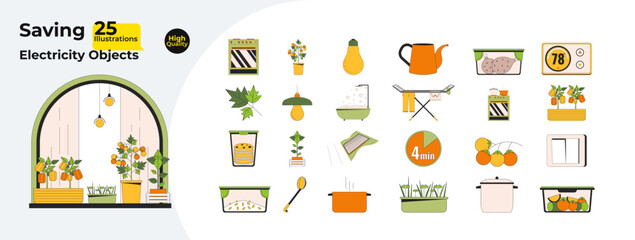 Conserving energy at household 2D linear cartoon objects bundle. Home appliances isolated line vector items white background. Saving on electric bills color flat spot illustration collection
