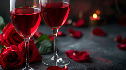 Romantic composition with red rose and wine glasses
