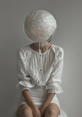 Person with a textured spherical head covering seated in white clothing against a grey background. Abstract portrait with contemporary fashion and conceptual art for print and exhibition