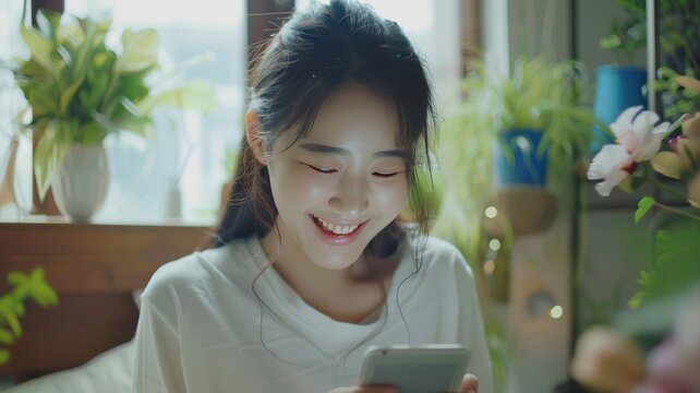 Millennial asian young woman looking mobile phone laughing with good news or discount voucher for shopping online at home.