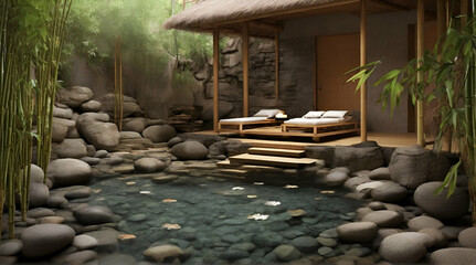 spa concept with zen basalt stones and bamboo. generative.ai