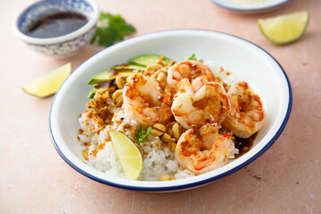 Healthy shrimp poke with avocado