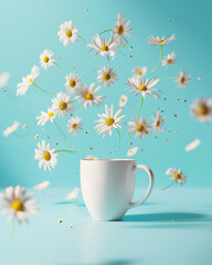 White tea mug with chamomile flowers flying out from mug on a light blue background. Commercial photo. Minimal flower and drink background