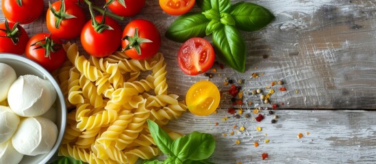 Delicious bowl of pasta with fresh tomatoes and fragrant basil leaves on a rustic wooden table - obrazy, fototapety, plakaty