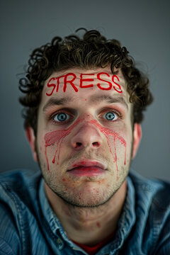 A man with the word Stress on his forehead