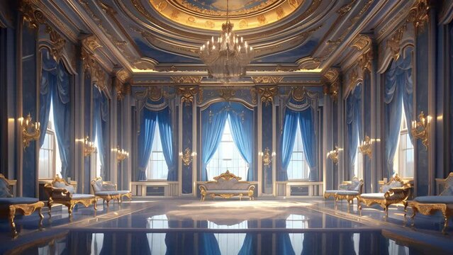 Background The grand throne room of a palace with regal thrones and a magnificent ceiling creates a majestic setting for this modern royal outfit.