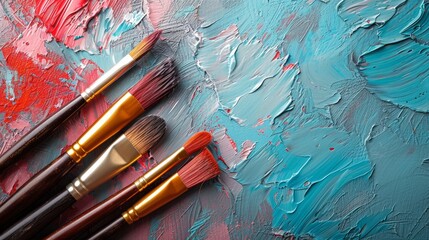 Fototapeta premium Collection of colorful paint brushes on vibrant red and blue brushstroke background