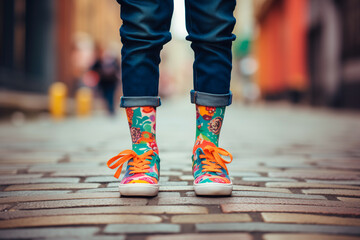 Kid wearing colorful shoes standing on pedestrian street - obrazy, fototapety, plakaty