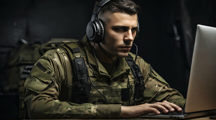 Portrait of soldier wearing a military uniform, operating at his computer. Soldier operating laptop. generative.ai