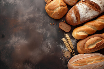 A diverse array of freshly baked breads on a dark, textured background, accented with golden wheat stalks and scattered flour.