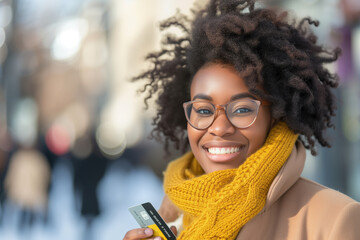 Gleeful African American woman with glasses and yellow scarf, holding a credit card, bokeh light backdrop.