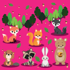 Vector children's illustration for young children.Forest animals. A set of fox, bear, wolf, hare, squirrel, raccoon and beaver.