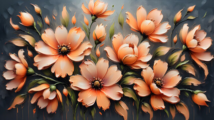 tender spring flowers painted with oil paints on canvas in peach tones	
