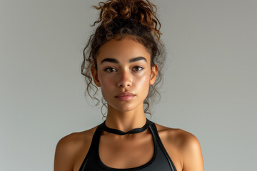 Intense stare from a young mixed-race woman with a high curly ponytail, clad in a sleek black sports tank top.