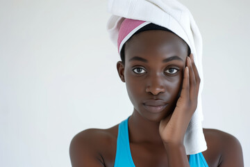 Serene African woman with a towel wrapped on head, touching her face, wearing a blue tank top, expressing tranquility and self-care.