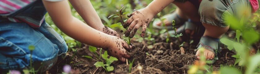 Family gardening inclusive outdoor activity hands in soil together - obrazy, fototapety, plakaty