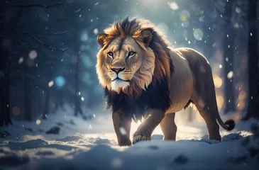 Foto op Canvas Lion in the dark snow lush forest in winter © WrongWay