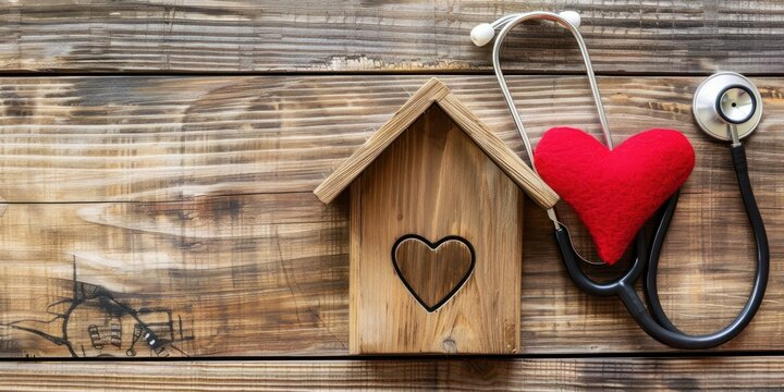 Wooden home with red heart on wood background background top view 