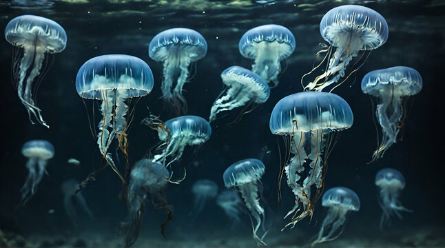 Group of blue jellyfish swimming underwater. generative.ai