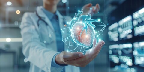 Doctor hand holding heart hologram 