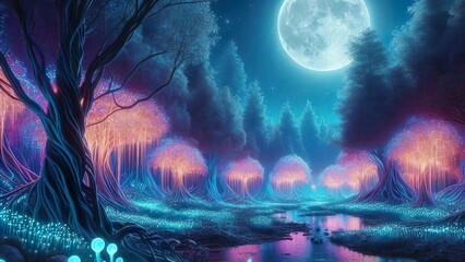 Obraz premium Enchanted Moonlit Woodland: Bioluminescent Fantasy Realm under the Full Moon's Radiant Glow