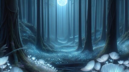Enchanted Moonlit Woodland: Bioluminescent Fantasy Realm under the Full Moon's Radiant Glow