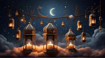 Fotobehang Decorated Arabic lanterns with burning candles floating above the clouds with a crescent moon and stars in the background, realistic. generative.ai © Amara