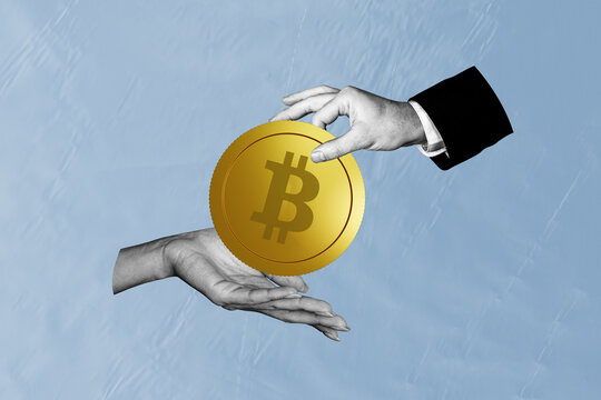 Creative magazine drawing collage picture of two hands one pay debt other take coin bitcoin exchange cryptocurrency investment isolated on colorful background