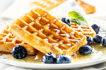 Waffle with honey and blueberries, sweet and vegan breakfast - 746434733
