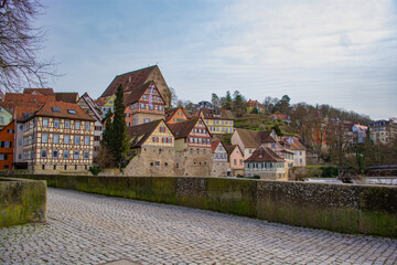 Fototapeta na wymiar Gothic half-timbered houses - pittoresque view in the Schwabisch Hall city Old town, Germany