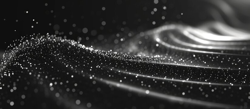 Abstract 3D rendering of space with black and white computer-generated background involving dark matter and gravitational waves.