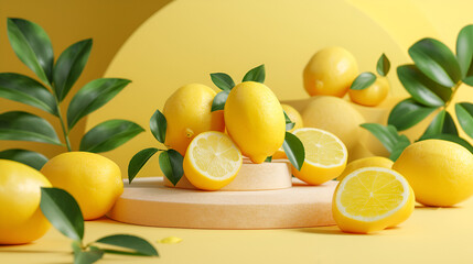 Background lemon podium product fruit platform cosmetic scene display citrus yellow. Podium lemon vitamin stand background.   generative ai 