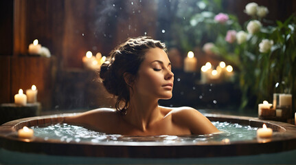 A woman relaxing in the jacuzzi of a spa, eyes closed and relaxed in a hot water bath, feeling good on her relaxation time. generative.ai - obrazy, fototapety, plakaty