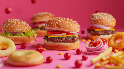 Beautiful still lifes with hamburgers and colorful ingredients on a colored background