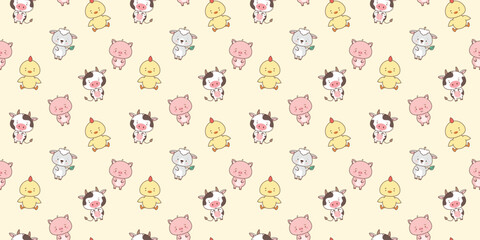 Seamless pattern with cute farm animals sheep piggy chicken cow. Cute animals in kawaii style. Drawings for children. vector illustration