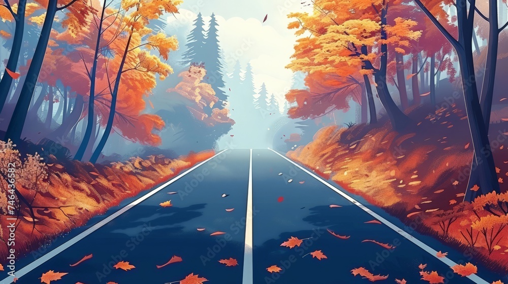 Wall mural Forest road in autumn. Asphalt mountain road passing through colorful autumn leaves.