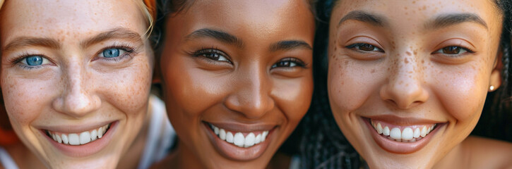 Closeup of three beauty models with diverse of freckles, black and pale skin tones for skincare treatment make-up products salon happy woke smile promo or International Womens day