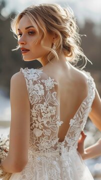 Beautiful women's wedding bridal dress, white, with veil, which will look good on you Generative AI