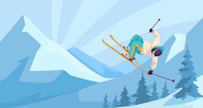 Man wearing warm white sport suit and goggles doing ski freestyle on downhill. Picturesque landscape view. Snowy mountain in background. Winter outdoor activity. Healthy lifestyle. Vector illustration