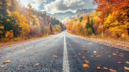 Forest road in autumn. Asphalt mountain road passing through colorful autumn leaves.