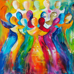 Abstract Colorful Eid al-Fitr Congregation Painting. A colorful abstract representation of Eid al-Fitr prayers, focusing on the congregation in abstract form