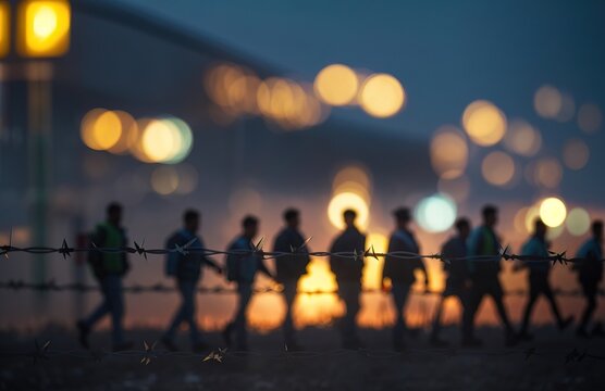 Silhouettes of migrants behind barbed wire at a border crossing