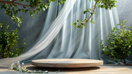 Sylvan Elegance Unleashed: A Mesmerizing 3D Rendered Display Podium with Wooden Frame and Organic Background, Elevating Product Showcase with Timeless Beauty and Eco-Friendly Sophistication 