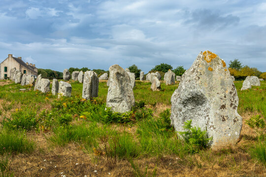 Standing stones (or menhirs) in the Menec alignment in Carnac, Morbihan, Brittany, France
