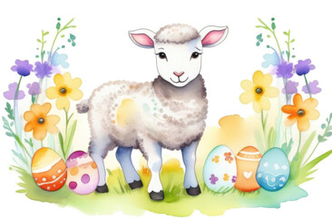 Easter sheep with colorful eggs, flowers and grass. Watercolor illustration