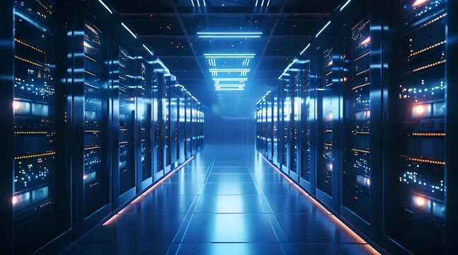 A modern data technology center showcasing server racks situated in a room illuminated by dark blue lights, symbolizing advanced technology and secure data storage